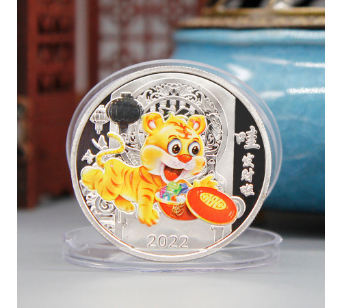 Грошова монета Тигр із горщиком багатства та кристалів