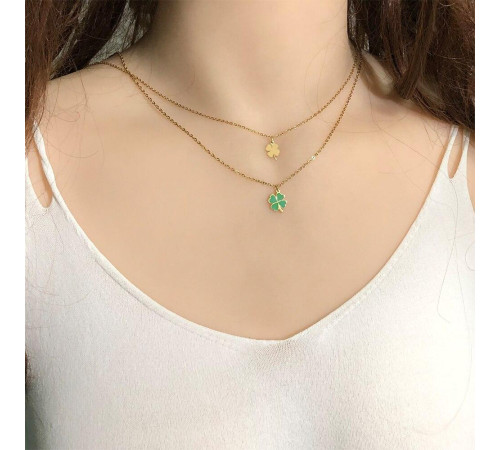 Золотий подвійний ланцюжок із подвійним чотирилистним конюшиною зелений для удачі та захисту