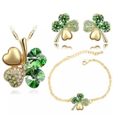 Турмаліновий жіночий комплект чотирилиста конюшина, кольє, сережки та браслет для великої удачі та грошей