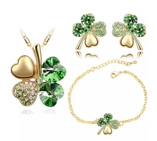 Турмаліновий жіночий комплект чотирилиста конюшина, кольє, сережки та браслет для великої удачі та грошей