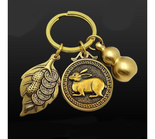 Брелок Кролик бронзовий із гарбузом Ву Лу для здоров'я довгого життя, багатства та процвітання