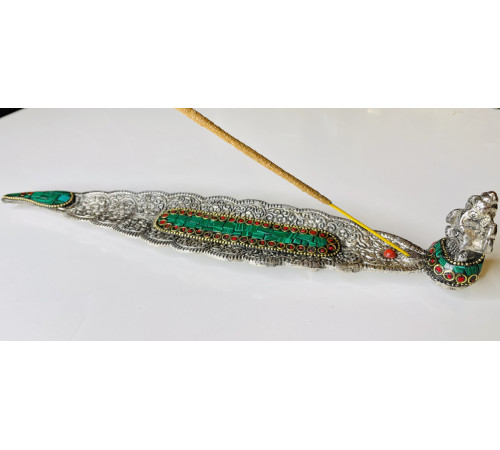 Срібна підставка для пахощів Ганеша з Бразильським Малахітом і Коралом для залучення великих грошей