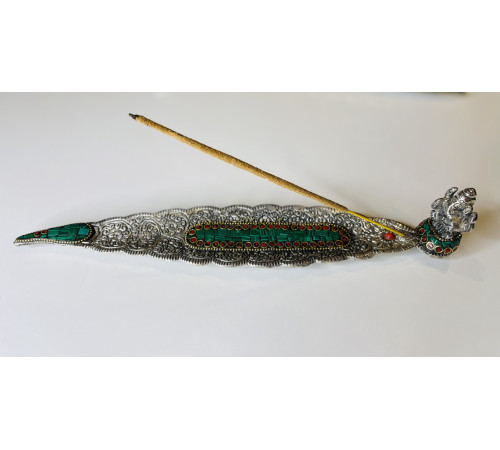 Срібна підставка для пахощів Ганеша з Бразильським Малахітом і Коралом для залучення великих грошей