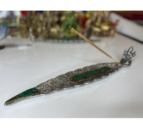 Срібна підставка для пахощів Ганеша з Бразильським Малахітом і Коралом для залучення великих грошей