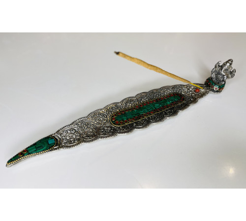 Срібна підставка для пахощів Ганеша з Бразильським Малахітом і Коралом для залучення великих грошей