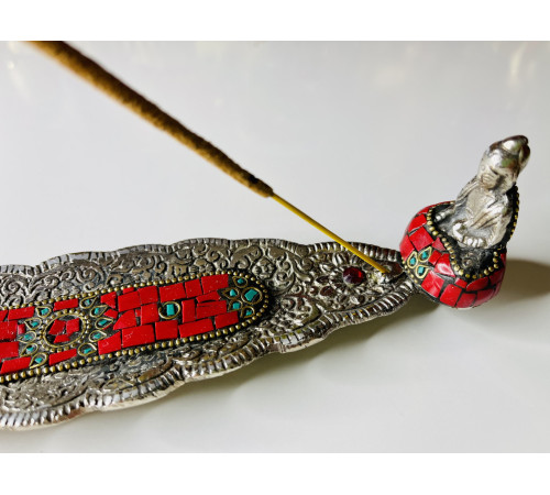 Срібна підставка для пахощів Будда Шак'ямуні з Малахітом і Агатом для Перемоги над конкурентами