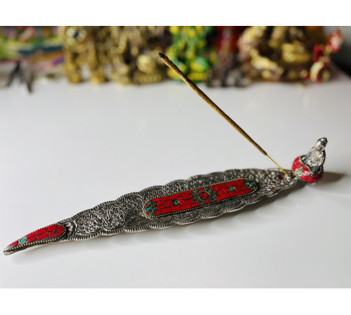 Срібна підставка для пахощів Будда Шак'ямуні з Малахітом і Агатом для Перемоги над конкурентами