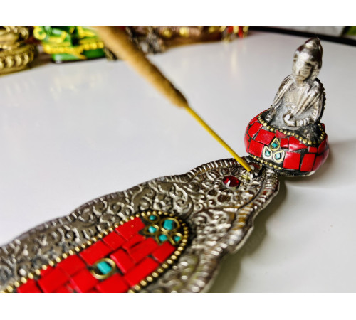 Срібна підставка для пахощів Будда Шак'ямуні з Малахітом і Агатом для Перемоги над конкурентами