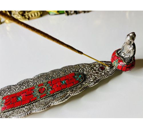 Срібна підставка для пахощів Будда Шак'ямуні з Малахітом і Агатом для Перемоги над конкурентами