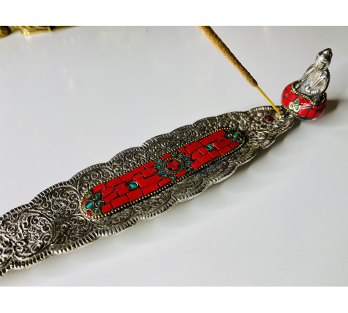 Срібна підставка для пахощів Будда Шак'ямуні з Малахітом і Агатом для Перемоги над конкурентами