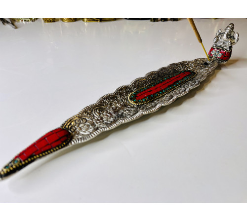 Срібна підставка для пахощів Ганеша з Червоним Агатом і Малахітом для приваблення великих грошей