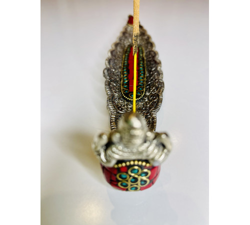 Срібна підставка для пахощів Ганеша з Червоним Агатом і Малахітом для приваблення великих грошей