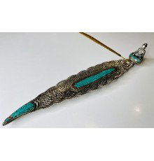 Срібна підставка для пахощів Будда Шак'ямуні з зеленим Нефритом і Коралом для світу та Перемоги над усіма