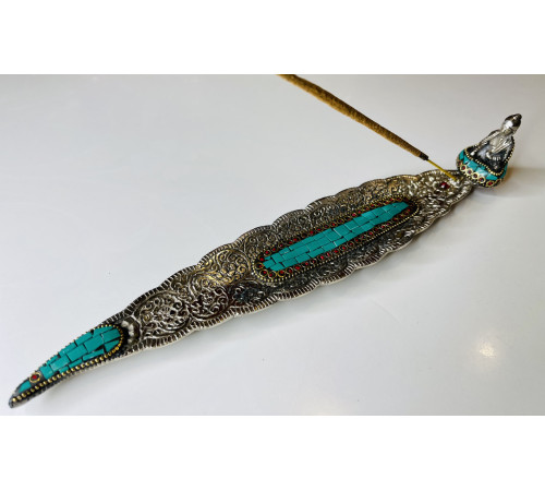 Срібна підставка для пахощів Будда Шак'ямуні з зеленим Нефритом і Коралом для світу та Перемоги над усіма