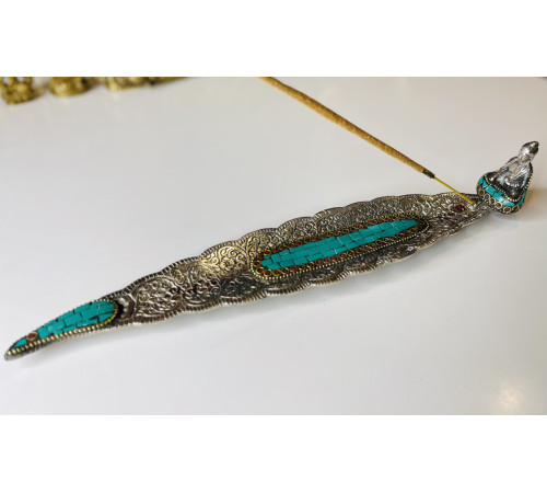 Срібна підставка для пахощів Будда Шак'ямуні з зеленим Нефритом і Коралом для світу та Перемоги над усіма