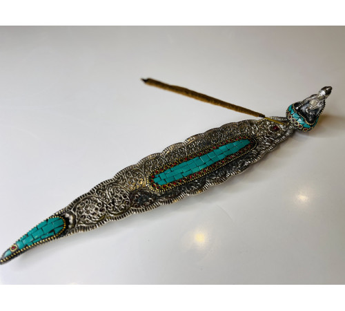 Срібна підставка для пахощів Будда Шак'ямуні з зеленим Нефритом і Коралом для світу та Перемоги над усіма