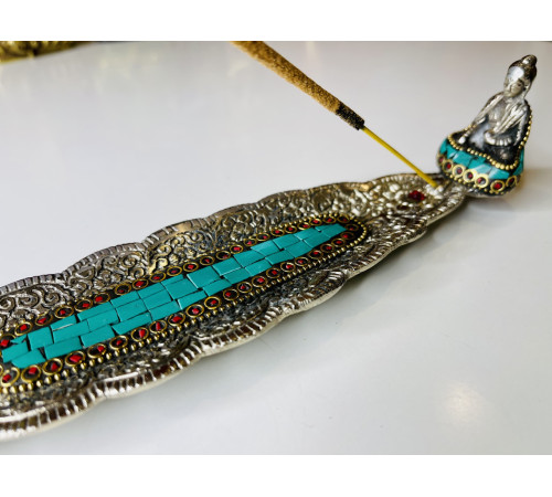 Срібна підставка для пахощів Будда Шак'ямуні з зеленим Нефритом і Коралом для світу та Перемоги над усіма