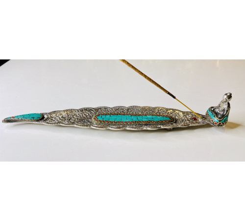 Срібна підставка для пахощів Будда Шак'ямуні з зеленим Нефритом і Коралом для світу та Перемоги над усіма