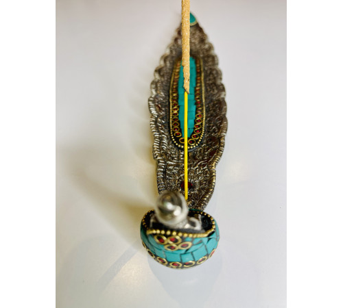 Срібна підставка для пахощів Будда Шак'ямуні з зеленим Нефритом і Коралом для світу та Перемоги над усіма