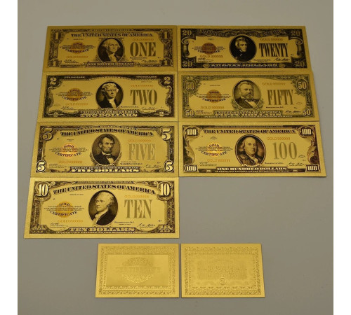 Набір Золотих Купюр США 1, 2, 5, 10, 20, 50, 100 доларів для приваблення в будинок багатство та процвітання 24К