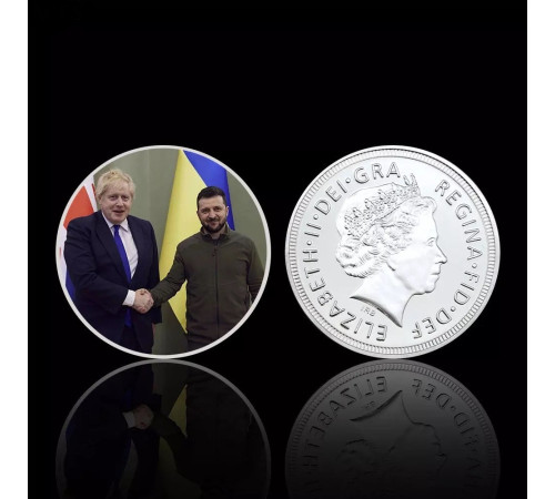 Срібна монета Президент Зеленський і прем'єр-міністр Борисбокс Її Величності королева Єлизавети II