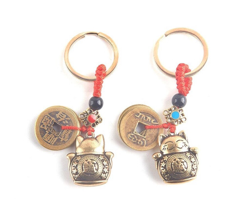 Брелок Кіт Манекі-неко з п'ятьма китайськими монетами та символом інфінітії приваблює багатство та міцне здоров'я