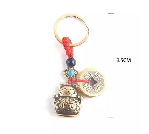 Брелок Кіт Манекі-неко з п'ятьма китайськими монетами та символом інфінітії приваблює багатство та міцне здоров'я