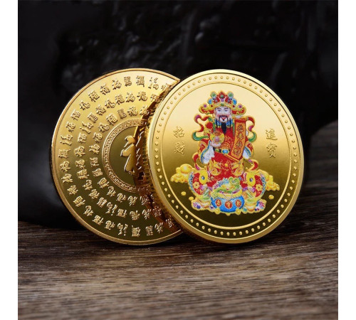 Золота монета Бог Багатства Чой Сан грошова удача з мантрою здійснення бажань