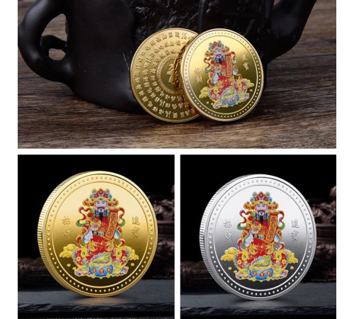Золота монета Бог Багатства Чой Сан грошова удача з мантрою здійснення бажань