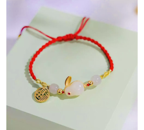 Браслет Нефритовий Кролик розкішний на червоній нитці для великого багатства та любові