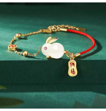 Браслет Нефритовий Кролик позолочений на червоній нитці з символом удачі для великого багатства та любові