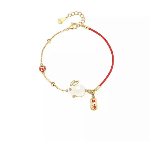 Браслет Нефритовий Кролик позолочений на червоній нитці з символом удачі для великого багатства та любові