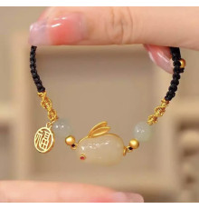 Браслет Нефритовий Кролик розкішний на чорній нитці для великого багатства та любові