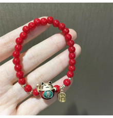 Браслет із підвіскою Кішка Багатства червоний 16 см