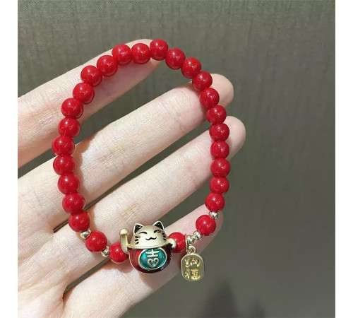 Браслет із підвіскою Кішка Багатства червоний 16 см