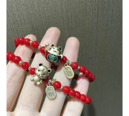 Браслет із підвіскою Кішка Багатства червоний 16 см