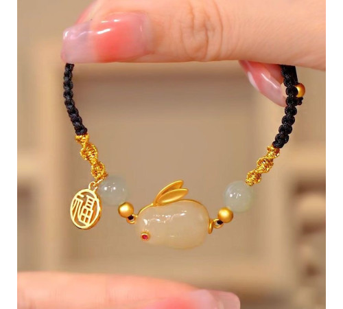 Браслет Нефритовий Кролик розкішний на чорній нитці для великого багатства та любові