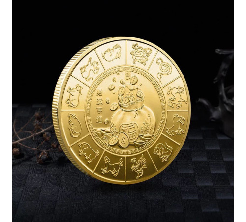 Золота монета Щасливий Кролик 2023 з 12 тваринами для удачі, Здоров'я й Багатства в домі