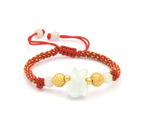 Браслет Нефритового Кролика на червоній нитці із золотом Успіх і Щастя від Ліліан Ту