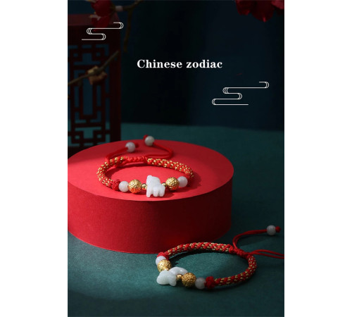 Браслет Нефритового Кролика на червоній нитці із золотом Успіх і Щастя від Ліліан Ту