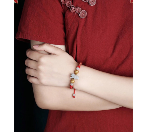 Браслет Нефритового Кролика на червоній нитці із золотом Успіх і Щастя від Ліліан Ту
