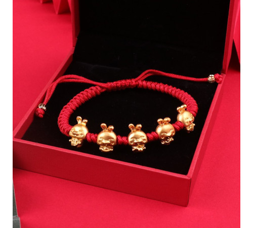 Тибетський браслет п'ять кроликів золотих 24К на червоній нитці ручної роботи щастя, багатство, удача кохання
