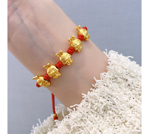 Тибетський браслет п'ять кроликів золотих 24К на червоній нитці ручної роботи щастя, багатство, удача кохання