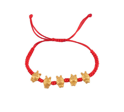 Тибетський браслет п'ять кроликів золотих 24К на червоній нитці ручної роботи щастя, багатство, удача кохання