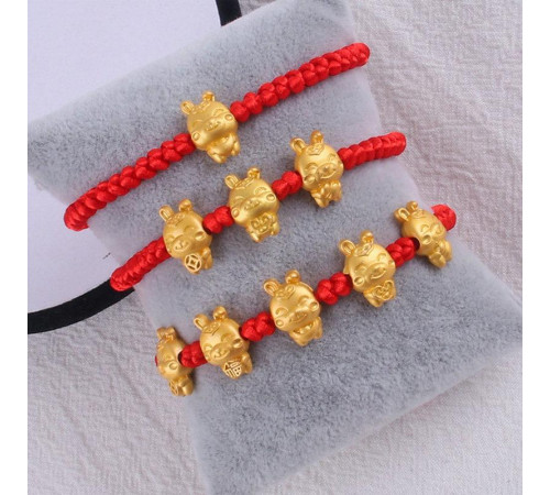 Тибетський браслет п'ять кроликів золотих 24К на червоній нитці ручної роботи щастя, багатство, удача кохання