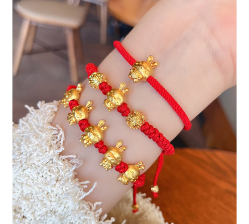 Тибетський браслет п'ять кроликів золотих 24К на червоній нитці ручної роботи щастя, багатство, удача кохання
