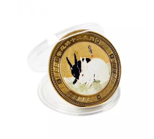 Золота монета Кролик для удачі, Здоров'я, Благопопромінення з Пагодою Сутри Серця Дворац Процвітання Інь і Ян