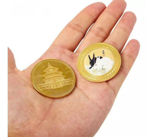Золота монета Кролик для удачі, Здоров'я, Благопопромінення з Пагодою Сутри Серця Дворац Процвітання Інь і Ян