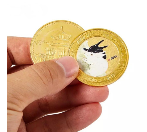 Золота монета Кролик для удачі, Здоров'я, Благопопромінення з Пагодою Сутри Серця Дворац Процвітання Інь і Ян