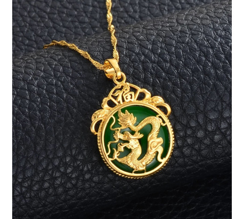 Золота підвіска Дракон із Зеленим обсидіаном влади, багатства, сили, відваги, справедливості, плодородство, захист